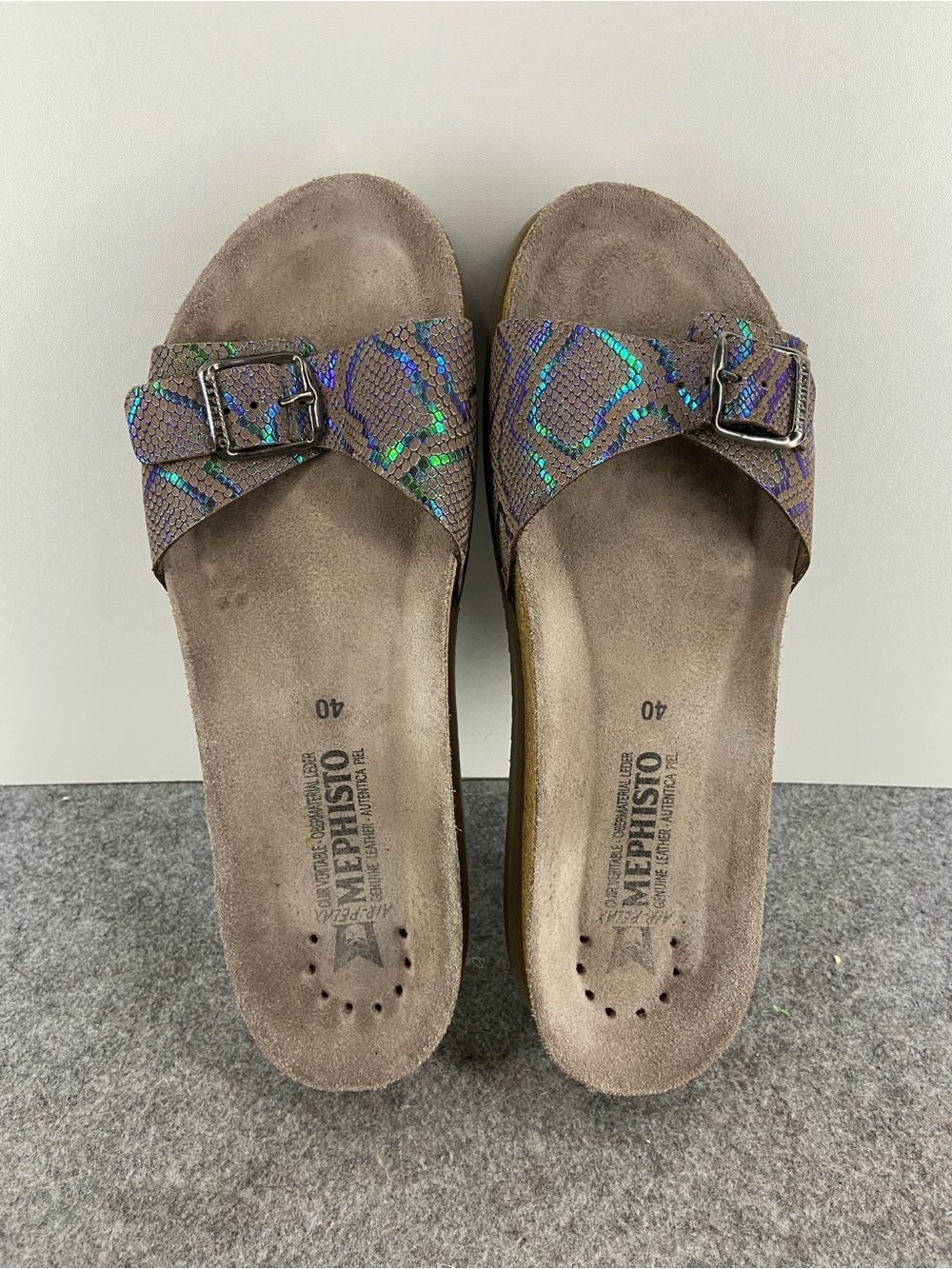Mephisto "Hariana" Iridescent Snakeskin Cork Slide Sandals Women’s Size 40